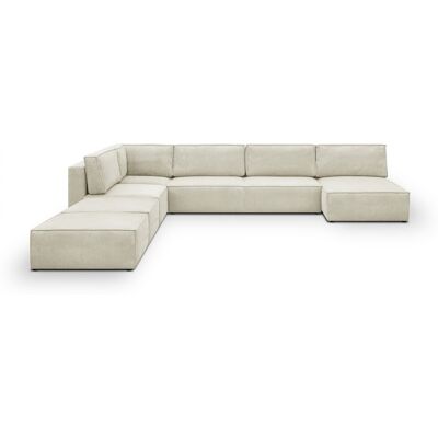 Canapé d'angle à gauche panoramique convertible modulable 8 places avec 2 poufs en velours côtelé beige - Harper Mod - Publicité Canapé d'angle à gauche panoramique convertible modulable 8 places avec 2 poufs en velours côtelé beige - Harper Mod - Publicité