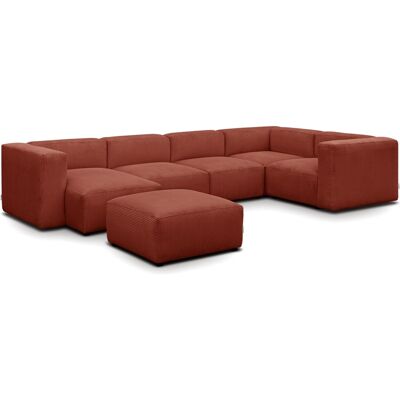 Canapé modulable panoramique 6 places avec méridienne à gauche + pouf en velours côtelé rouille - Modulo - Publicité Canapé modulable panoramique 6 places avec méridienne à gauche + pouf en velours côtelé rouille - Modulo - Publicité