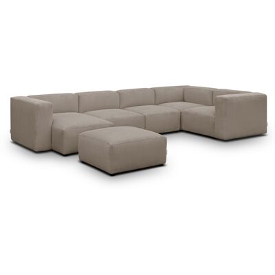 Canapé modulable panoramique 6 places avec méridienne à gauche + pouf en velours côtelé taupe - Modulo - Publicité Canapé modulable panoramique 6 places avec méridienne à gauche + pouf en velours côtelé taupe - Modulo - Publicité