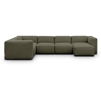 Canapé modulable panoramique 6 places avec méridienne à droite + pouf en velours côtelé vert kaki - Modulo - Publicité Canapé modulable panoramique 6 places avec méridienne à droite + pouf en velours côtelé vert kaki - Modulo - Publicité