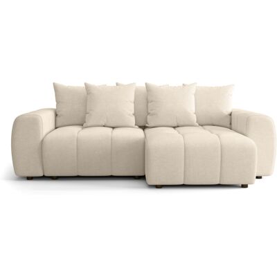 Canapé d'angle convertible réversible 4 places avec coffre de rangement en tissu chenille beige - Rivoli - Publicité Canapé d'angle convertible réversible 4 places avec coffre de rangement en tissu chenille beige - Rivoli - Publicité