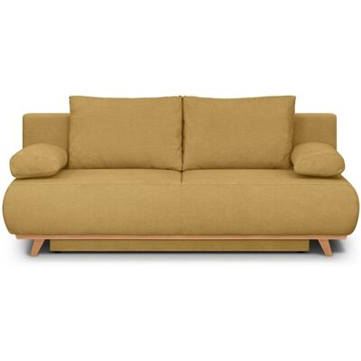 Canapé convertible 3 places avec coffre de rangement en tissu chenille jaune moutarde - Laria - Publicité Canapé convertible 3 places avec coffre de rangement en tissu chenille jaune moutarde - Laria - Publicité