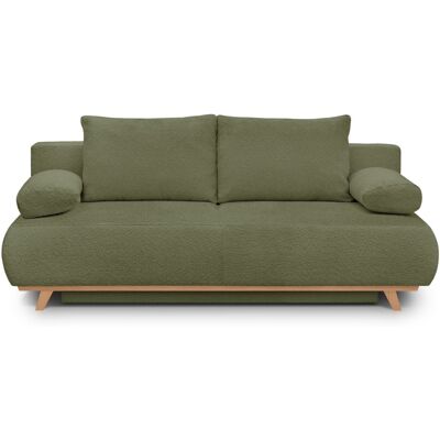 Canapé convertible 3 places avec coffre de rangement en tissu bouclé vert olive - Laria - Publicité Canapé convertible 3 places avec coffre de rangement en tissu bouclé vert olive - Laria - Publicité