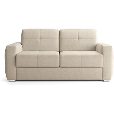 Canapé capitonné convertible 3 places en tissu chenille beige - ouverture express - Cassian - Publicité Canapé capitonné convertible 3 places en tissu chenille beige - ouverture express - Cassian - Publicité
