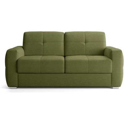 Canapé capitonné convertible 3 places en tissu chenille vert olive - ouverture express - Cassian - Publicité Canapé capitonné convertible 3 places en tissu chenille vert olive - ouverture express - Cassian - Publicité