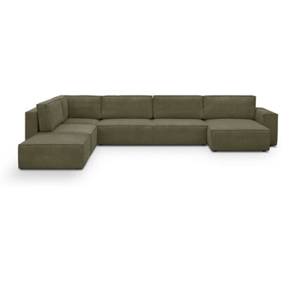 Canapé d'angle à gauche panoramique convertible modulable 8 places avec pouf en velours côtelé vert kaki - Harper Mod - Publicité Canapé d'angle à gauche panoramique convertible modulable 8 places avec pouf en velours côtelé vert kaki - Harper Mod - Publicité
