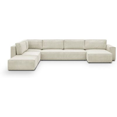 Canapé d'angle à gauche panoramique convertible modulable 8 places avec pouf en velours côtelé beige - Harper Mod - Publicité Canapé d'angle à gauche panoramique convertible modulable 8 places avec pouf en velours côtelé beige - Harper Mod - Publicité