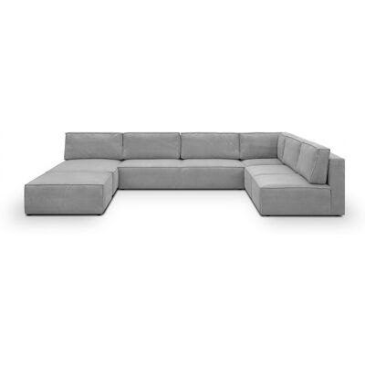 Canapé d'angle à droite panoramique modulable convertible 10 places avec pouf en velours côtelé gris clair - Harper Mod - Publicité Canapé d'angle à droite panoramique modulable convertible 10 places avec pouf en velours côtelé gris clair - Harper Mod - Publicité