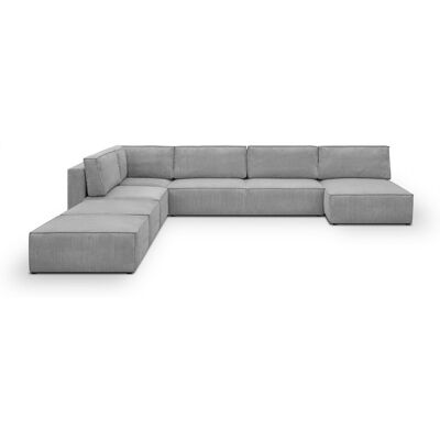 Canapé d'angle à gauche panoramique convertible modulable 8 places avec 2 poufs en velours côtelé gris clair - Harper Mod - Publicité Canapé d'angle à gauche panoramique convertible modulable 8 places avec 2 poufs en velours côtelé gris clair - Harper Mod - Publicité