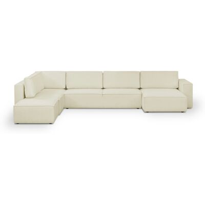 Canapé d'angle à gauche panoramique convertible modulable 8 places avec pouf en tissu bouclé beige - Harper Mod - Publicité Canapé d'angle à gauche panoramique convertible modulable 8 places avec pouf en tissu bouclé beige - Harper Mod - Publicité