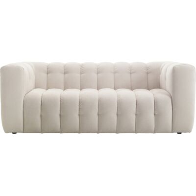 Canapé capitonné 3 places en tissu chenille beige - Cester - Publicité Canapé capitonné 3 places en tissu chenille beige - Cester - Publicité