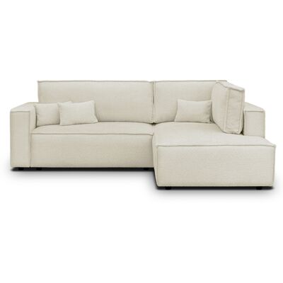 Canapé d'angle ouvert à droite convertible 3 places en tissu bouclé beige - Emma - Publicité Canapé d'angle ouvert à droite convertible 3 places en tissu bouclé beige - Emma - Publicité