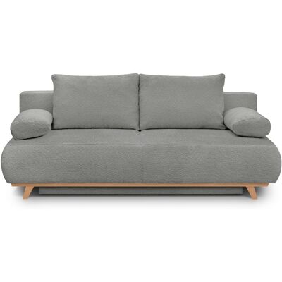 Canapé convertible 3 places avec coffre de rangement en tissu bouclé gris clair - Laria - Publicité Canapé convertible 3 places avec coffre de rangement en tissu bouclé gris clair - Laria - Publicité
