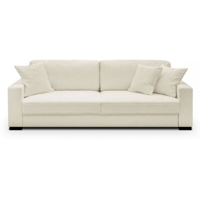 Canapé convertible 3 places en tissu bouclette beige avec coffre de rangement - Robin - Publicité Canapé convertible 3 places en tissu bouclette beige avec coffre de rangement - Robin - Publicité
