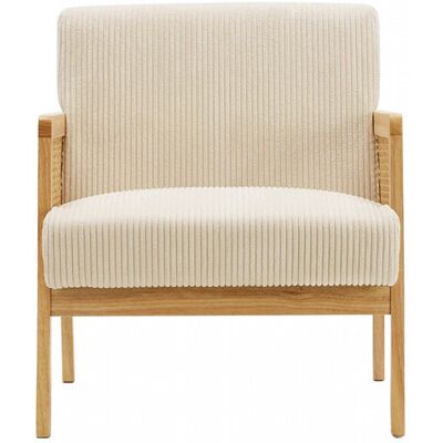 Fauteuil en cannage et velours côtelé beige - Mani - Publicité Fauteuil en cannage et velours côtelé beige - Mani - Publicité