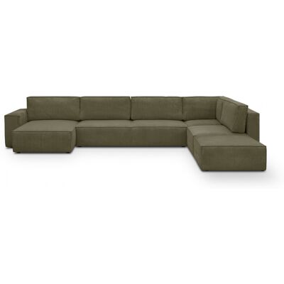Canapé d'angle à droite panoramique convertible modulable 8 places avec pouf en velours côtelé vert kaki - Harper Mod - Publicité Canapé d'angle à droite panoramique convertible modulable 8 places avec pouf en velours côtelé vert kaki - Harper Mod - Publicité