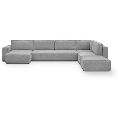 Canapé d'angle à droite panoramique convertible modulable 8 places avec pouf en velours côtelé gris clair - Harper Mod - Publicité Canapé d'angle à droite panoramique convertible modulable 8 places avec pouf en velours côtelé gris clair - Harper Mod - Publicité