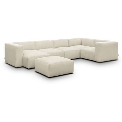 Canapé modulable panoramique 6 places avec méridienne à gauche + pouf en velours côtelé beige - Modulo - Publicité Canapé modulable panoramique 6 places avec méridienne à gauche + pouf en velours côtelé beige - Modulo - Publicité
