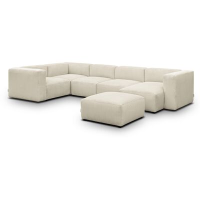 Canapé modulable panoramique 6 places avec méridienne à droite + pouf en velours côtelé beige - Modulo - Publicité Canapé modulable panoramique 6 places avec méridienne à droite + pouf en velours côtelé beige - Modulo - Publicité