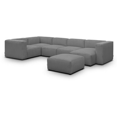 Canapé modulable panoramique 6 places avec méridienne à droite + pouf en velours côtelé gris clair - Modulo - Publicité Canapé modulable panoramique 6 places avec méridienne à droite + pouf en velours côtelé gris clair - Modulo - Publicité