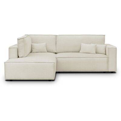 Canapé d'angle ouvert à gauche convertible 3 places en tissu bouclé beige - Emma - Publicité Canapé d'angle ouvert à gauche convertible 3 places en tissu bouclé beige - Emma - Publicité