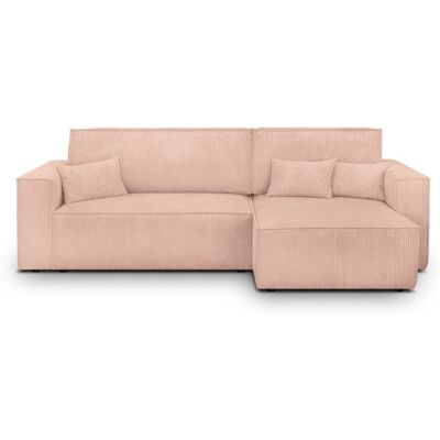 Canapé d'angle convertible réversible 4 places avec coffre de rangement en velours côtelé rose pâle - Livia - Publicité Canapé d'angle convertible réversible 4 places avec coffre de rangement en velours côtelé rose pâle - Livia - Publicité