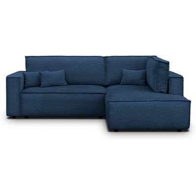 Canapé d'angle ouvert à droite convertible 3 places en tissu bouclé bleu foncé - Emma - Publicité Canapé d'angle ouvert à droite convertible 3 places en tissu bouclé bleu foncé - Emma - Publicité