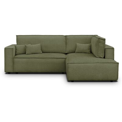 Canapé d'angle ouvert à droite convertible 3 places en tissu bouclé vert olive - Emma - Publicité Canapé d'angle ouvert à droite convertible 3 places en tissu bouclé vert olive - Emma - Publicité