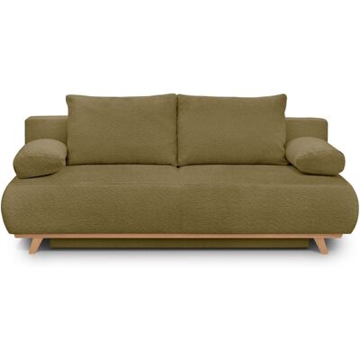 Canapé convertible 3 places avec coffre de rangement en tissu bouclé jaune moutarde - Laria - Publicité Canapé convertible 3 places avec coffre de rangement en tissu bouclé jaune moutarde - Laria - Publicité