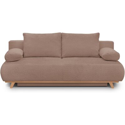 Canapé convertible 3 places avec coffre de rangement en tissu bouclé rose poudré - Laria - Publicité Canapé convertible 3 places avec coffre de rangement en tissu bouclé rose poudré - Laria - Publicité