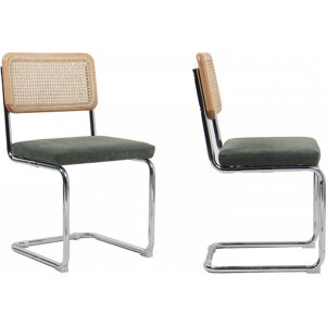 Lot de 2 chaises en cannage velours côtelé vert kaki et métal chromé - Muse - Publicité Lot de 2 chaises en cannage velours côtelé vert kaki et métal chromé - Muse - Publicité
