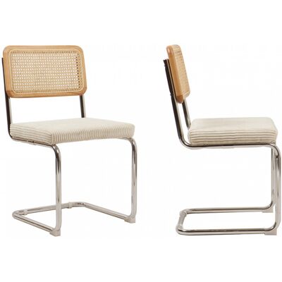 Lot de 2 chaises en cannage velours côtelé beige et métal chromé - Muse - Publicité Lot de 2 chaises en cannage velours côtelé beige et métal chromé - Muse - Publicité