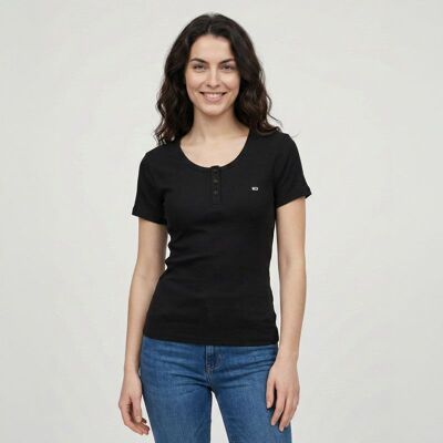 Tee shirt cotelé col rond à boutons Femme TOMMY HILFIGER - Publicité Tee shirt cotelé col rond à boutons Femme TOMMY HILFIGER - Publicité