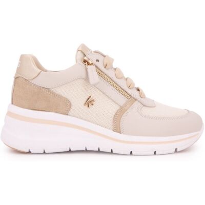 Baskets compensées cuir nuances de beige semelle épaisse blanche Femme sportwear KEYS - Publicité Baskets compensées cuir nuances de beige semelle épaisse blanche Femme sportwear KEYS - Publicité