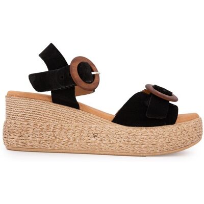 Sandales noires compensées en cuir double boucle bois Femme BIOSTOCK - Publicité Sandales noires compensées en cuir double boucle bois Femme BIOSTOCK - Publicité