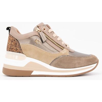 Baskets compensées à sequins cuir zip dorée avec lacets Femme KEYS - Publicité Baskets compensées à sequins cuir zip dorée avec lacets Femme KEYS - Publicité