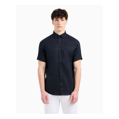 Giorgio Armani A X Armani Exchange pour homme. XM001223AF14619UB101 Chemise décontractée marine (L), Casuel, Lin, Manche courte - Publicité Giorgio Armani A X Armani Exchange pour homme. XM001223AF14619UB101 Chemise décontractée marine (L), Casuel, Lin, Manche courte - Publicité