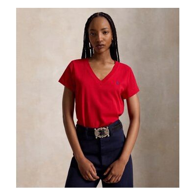 Polo Ralph Lauren pour femme. 211B14611004 T-shirt en maille à col en V rouge (XS), Casuel, Coton, Manche courte - Publicité Polo Ralph Lauren pour femme. 211B14611004 T-shirt en maille à col en V rouge (XS), Casuel, Coton, Manche courte - Publicité