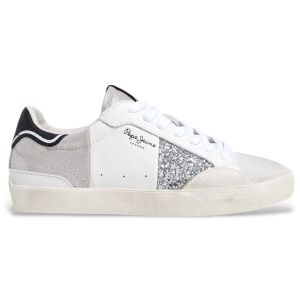Pepe Jeans pour femme. PLS31598 Chaussures en cuir Lane blanc, argent (36), Argenté, Plat, Lacets, Casuel - Publicité Pepe Jeans pour femme. PLS31598 Chaussures en cuir Lane blanc, argent (36), Argenté, Plat, Lacets, Casuel - Publicité