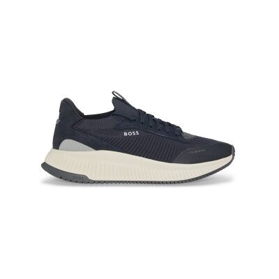 Boss pour homme. 50523113 Baskets TTNM EVO avec dessus en tricot marine (44), Plat, Lacets, Casuel - Publicité Boss pour homme. 50523113 Baskets TTNM EVO avec dessus en tricot marine (44), Plat, Lacets, Casuel - Publicité