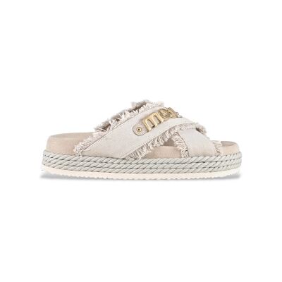Mou pour femme. MU.SW451005K Sandales en daim croisées toile recyclée blanc cassé (38), 3 à 5 cm, Cuir, Aucun, Casuel - Publicité Mou pour femme. MU.SW451005K Sandales en daim croisées toile recyclée blanc cassé (38), 3 à 5 cm, Cuir, Aucun, Casuel - Publicité