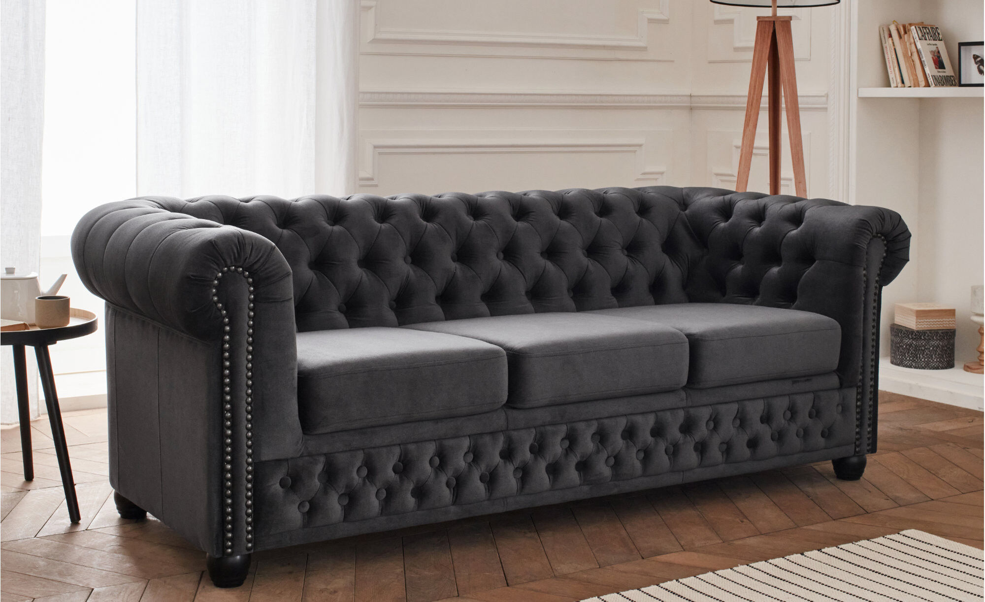 Lisa Design William canapé Chesterfield 3 places en velours Gris foncé