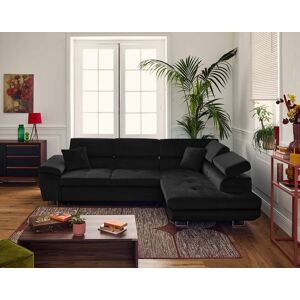 Best Mobilier Dimas canape d'angle droit 5 places convertible avec coffre et tetieres reglables en velours Noir