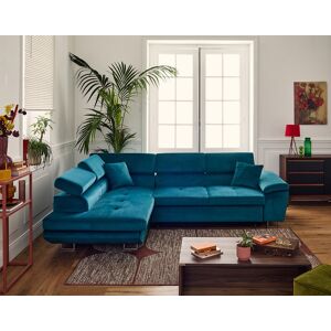 BestMobilier Dimas canapé d'angle gauche 5 places convertible avec coffre et têtières réglables en velours Bleu