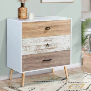 IDMarket Commode blanche 3 tiroirs effet bois vieilli