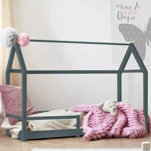 IDMarket Lit cabane enfant 90 x 190 cm NESSI gris avec sommier et barrières