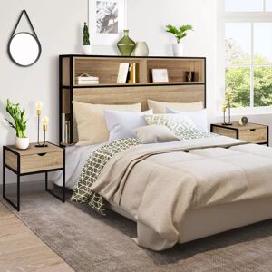 IDMarket Tête de lit industrielle 145 cm bois et métal avec 2 tables de chevet