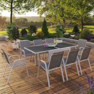 IDMarket Salon de jardin blanc et gris avec table extensible + 8 chaises