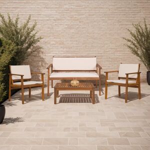 IDMarket Salon de jardin bas JAKARTA 4 places en acacia avec canape, fauteuils, table et coussins beige