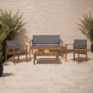 IDMarket Salon de jardin bas JAKARTA 4 places en acacia avec canape, fauteuils, table et coussins gris